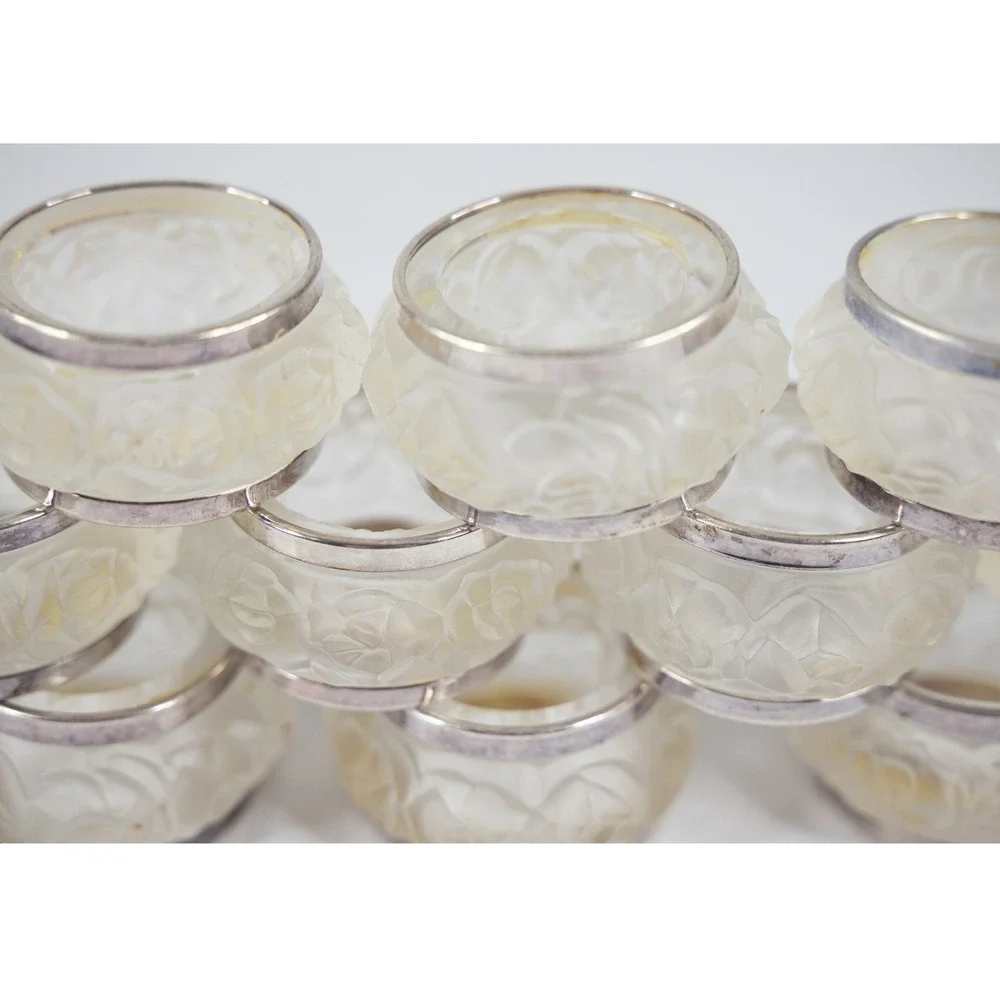 Vtg Napkin Rings 12p Frosted Crystal Rose Floral Silver lead Rim William Adams